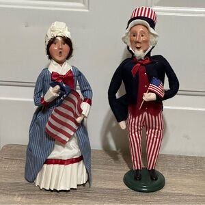Byers Choice Carolers Betsy Ross 2021 & Uncle Sam 2023 With American Flag SIGNED